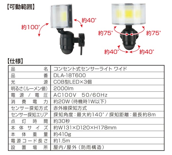 ダイシン コンセント式 センサーライト ワイド DLA-18T600