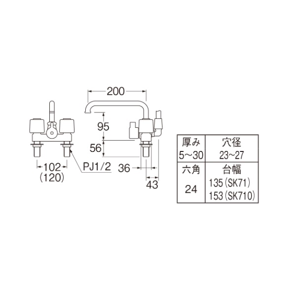 SANEI ツーバルブデッキシャワー混合栓 共用型 ＳＫ７１－Ｗ－１３