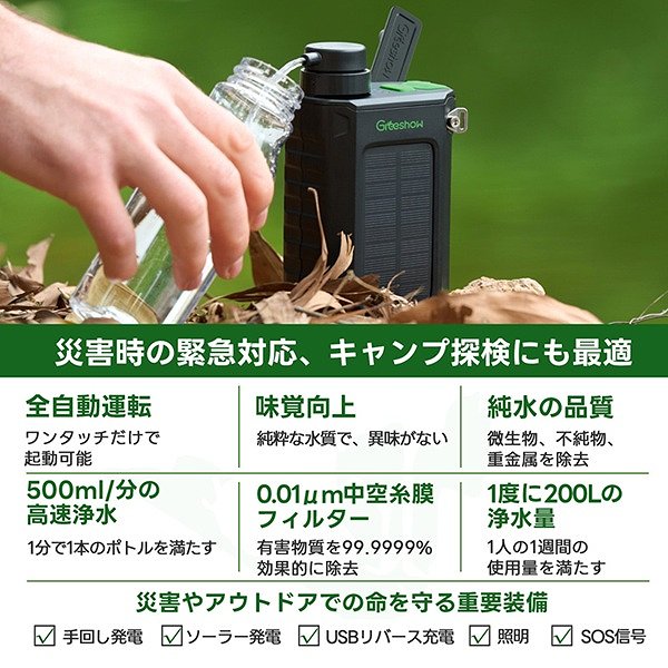 【防災安全協会認証品】 Greeshow 携帯浄水器 日本正規品 GS-2811 GreeShow 電動式携帯浄水器 ブラック GS-2811: 防犯・防災・安全用品