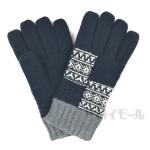 ニット ５本指手袋　ジャガードパッチワーク　裏起毛　ネイビー